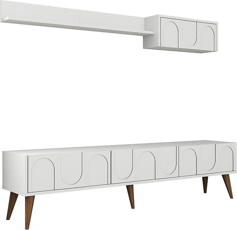 Elegancka szafka pod telewizor – 180 cm – Kolor biały i orzechowy – Płyta wiórowa pokryta melaminą