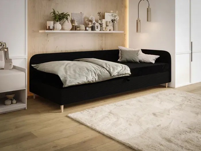 Czarne prawostronne łóżko z materacem i pojemnikiem na pościel 100x200 H3-L09