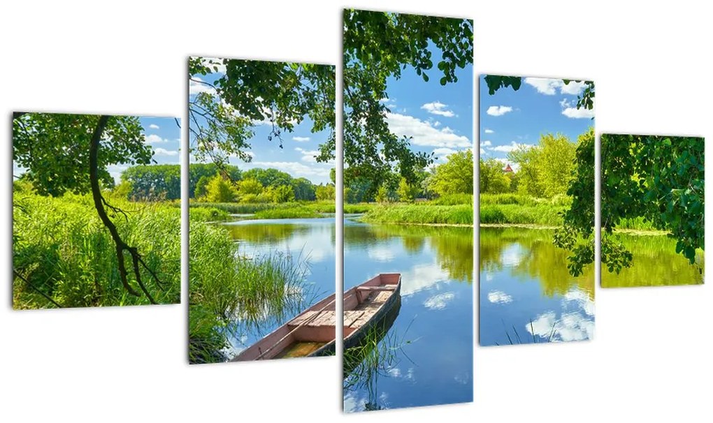 Obraz letniej rzeki z łodzią (125x70 cm)