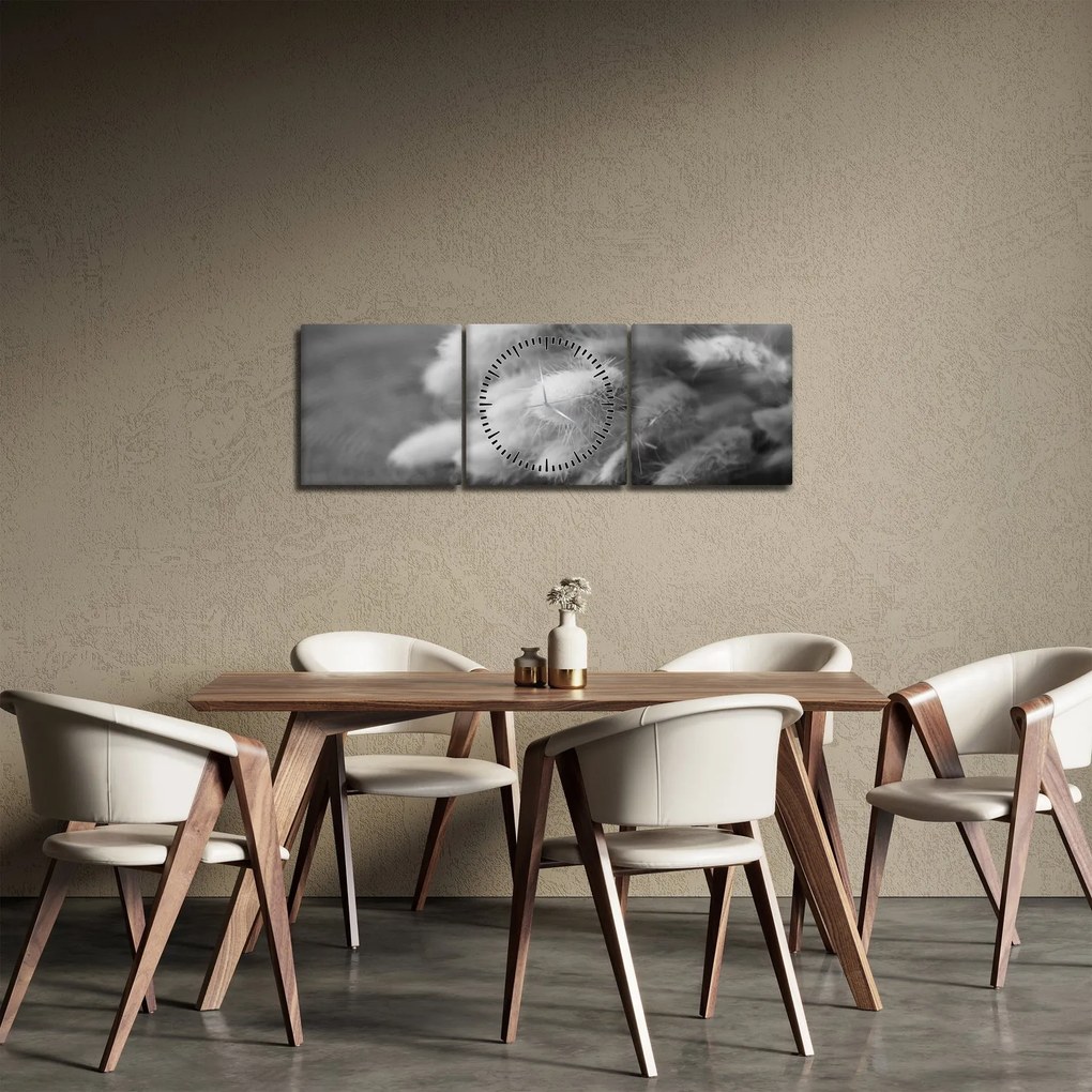 Obraz - trawa z króliczym ogonkiem na stole (z zegarem) (90x30 cm)
