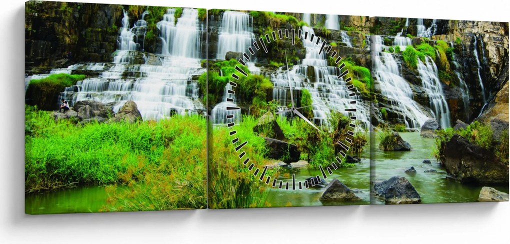 Obraz - wodospady z zielenią (z zegarem) (90x30 cm)