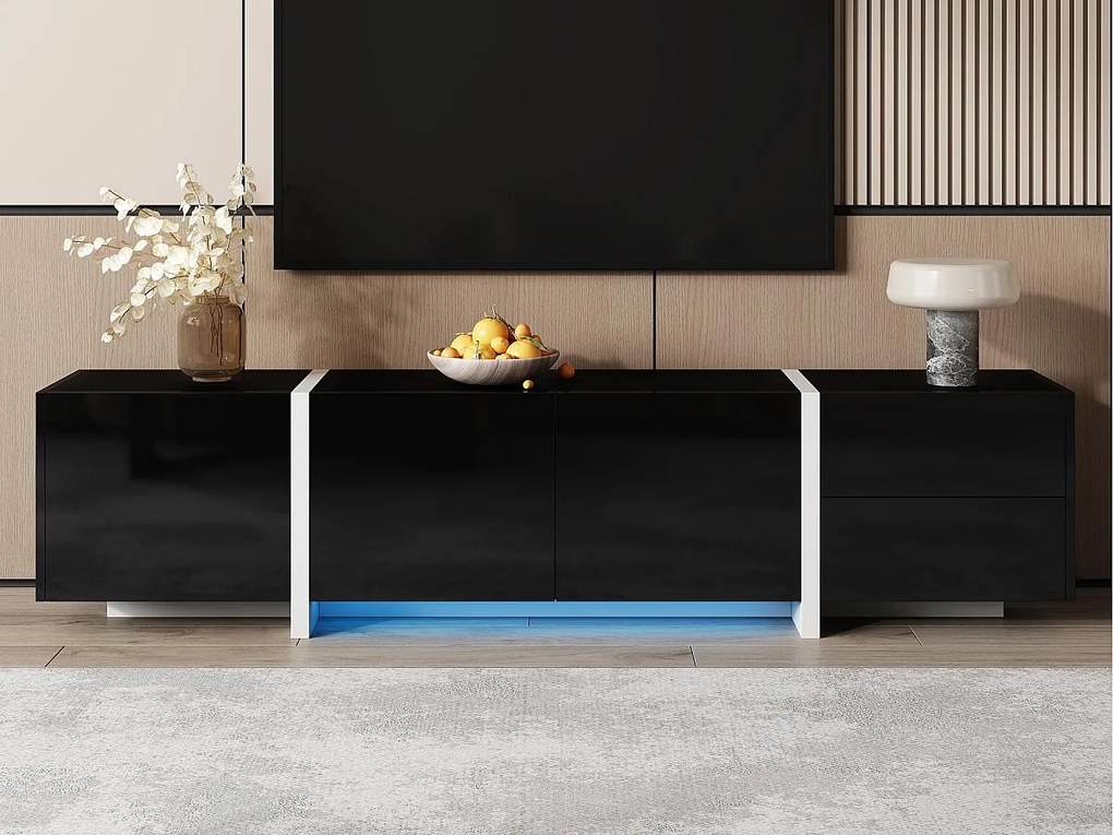 Błyszcząca szafa pod TV 170×30×39 cm - z oświetleniem LED - 3 drzwi i 1 szuflada - Płyta wiórowa - czarny