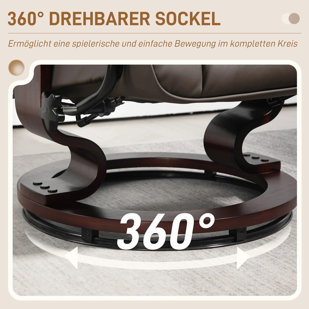 HOMCOM Fotel relaksacyjny z podnóżkiem, obrotowy i z funkcją pochylania, Pokrycie ze skóry ekologicznej, Do 150 kg, Drewniana rama, Brązowy