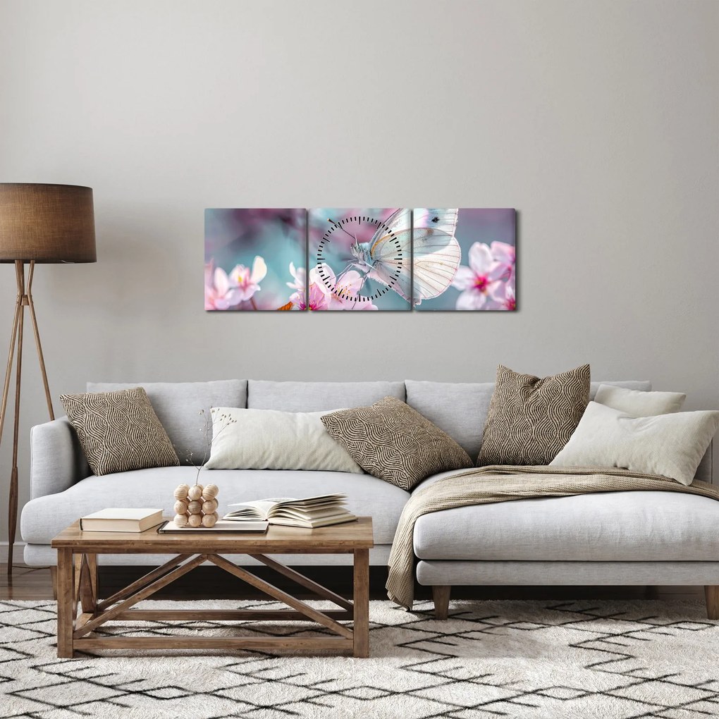 Obraz - Motyl na drzewie wiśni (z zegarem) (90x30 cm)