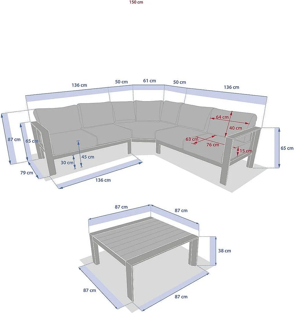 Narożny zestaw aluminiowy VANCOUVER dla 7 osób (kość słoniowa)