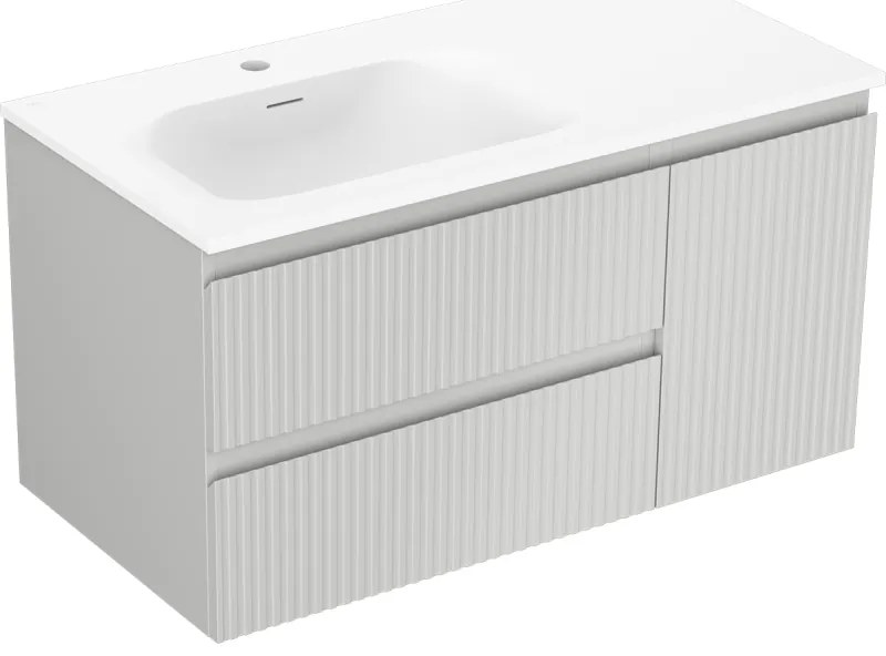 Mexen Rivel szafka łazienkowa 90 cm z umywalką Vela lewą, 2S, 1D, ryflowana, szara mat/biała mat - 91A23-09047-3-BBFFF62-W23L01