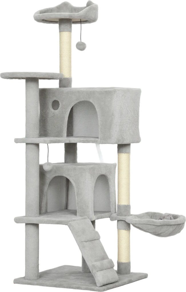 PawHut 140 cm drapak dla kota, wielopoziomowy, słupki do drapania z sizalu, kryjówki, pluszowe platformy, hamak, drabinka, piłeczki do zabawy
