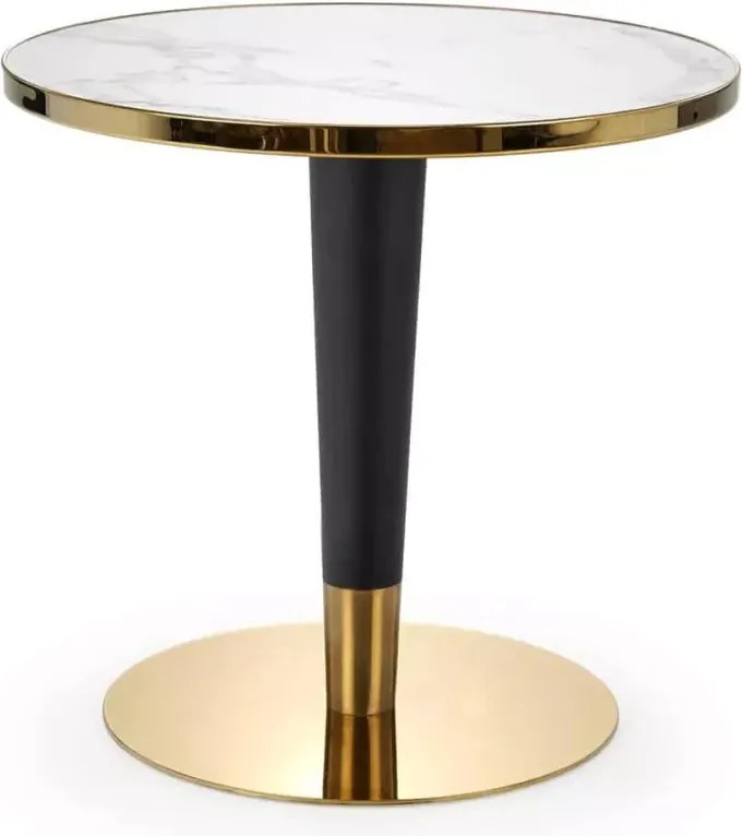 Stół Debor 79 cm w stylu glamour z okleinowanym blatem MDF imitującym marmur na czarnej nodze ze złotymi elementami