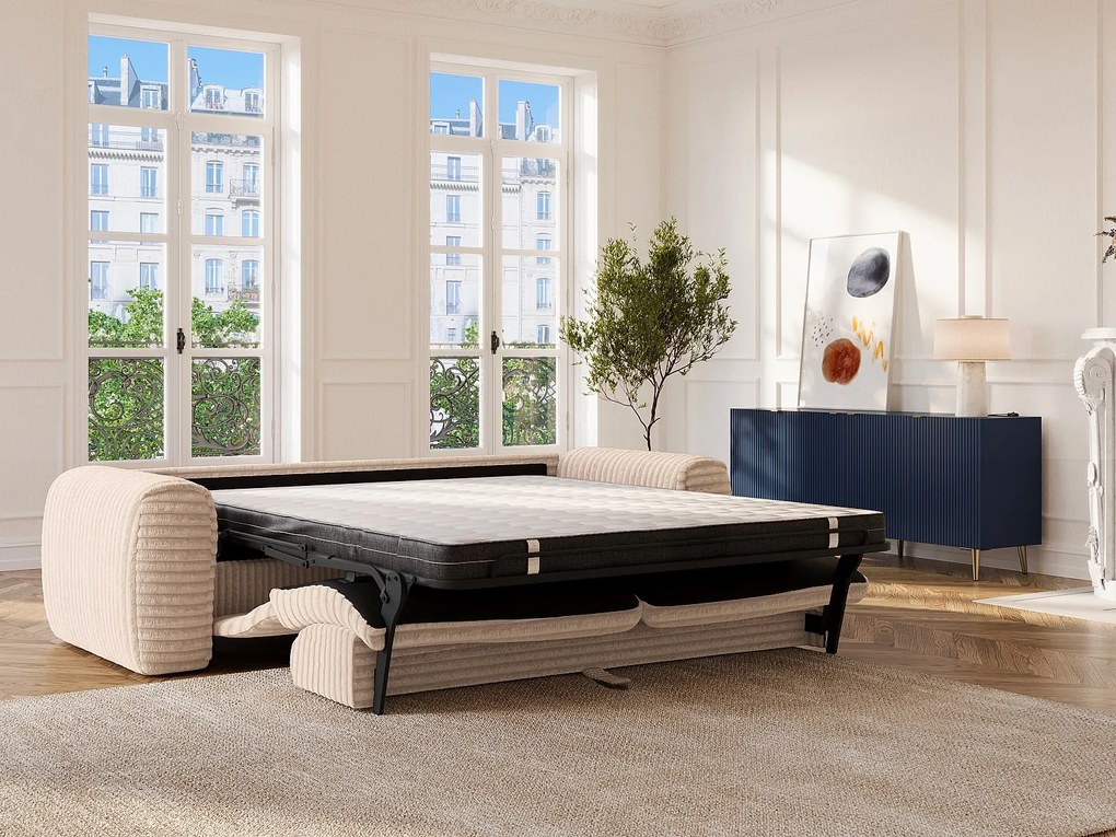 Kanapa 4-osobowa rozkładana typu express ze sztruksu w grube prążki beżowa – POGNIA