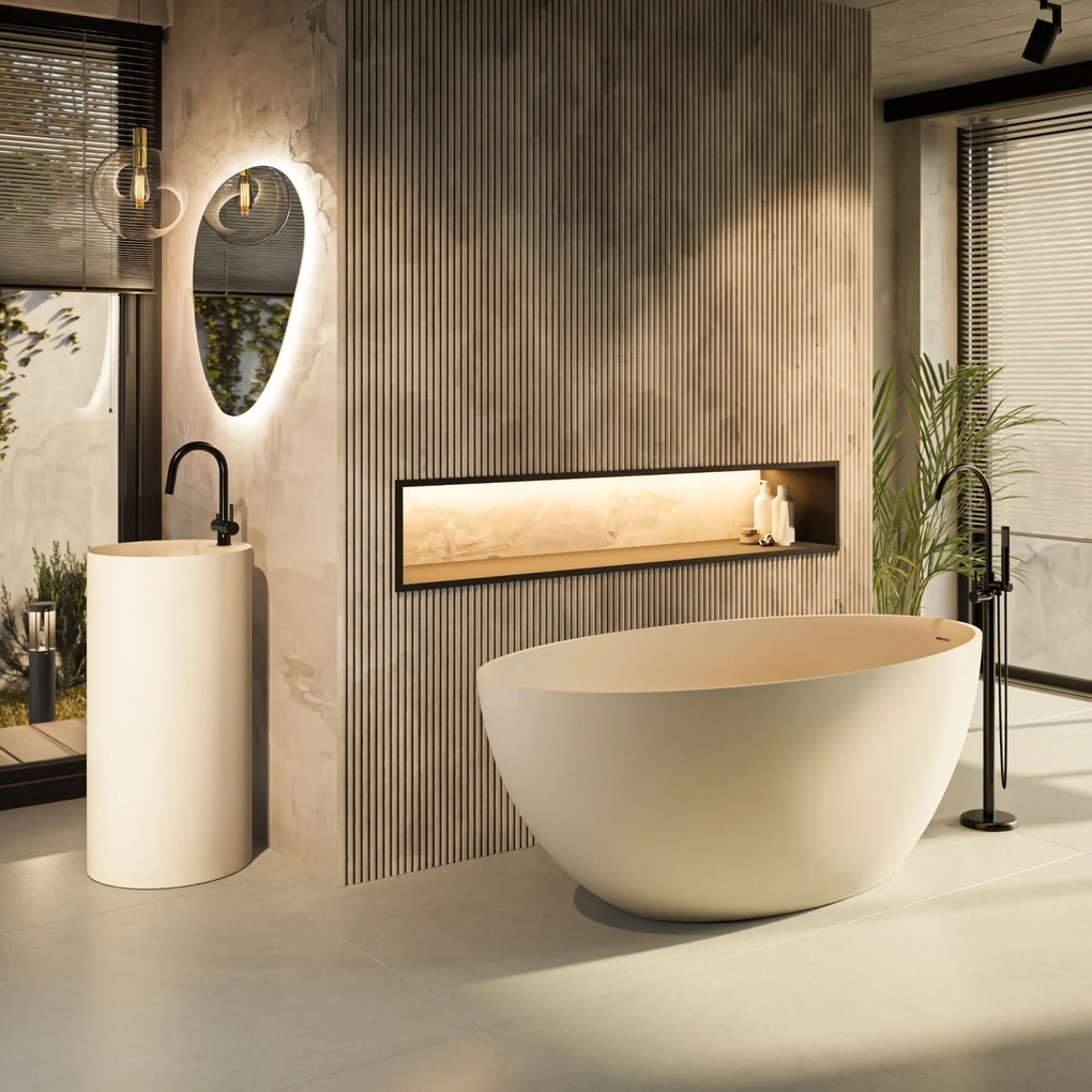 Wanna wolnostojąca owalna beżowa matowa z konglomeratu 160 x 85 cm KALMI BEIGE MATT z przelewem typu SLIM cienki rant