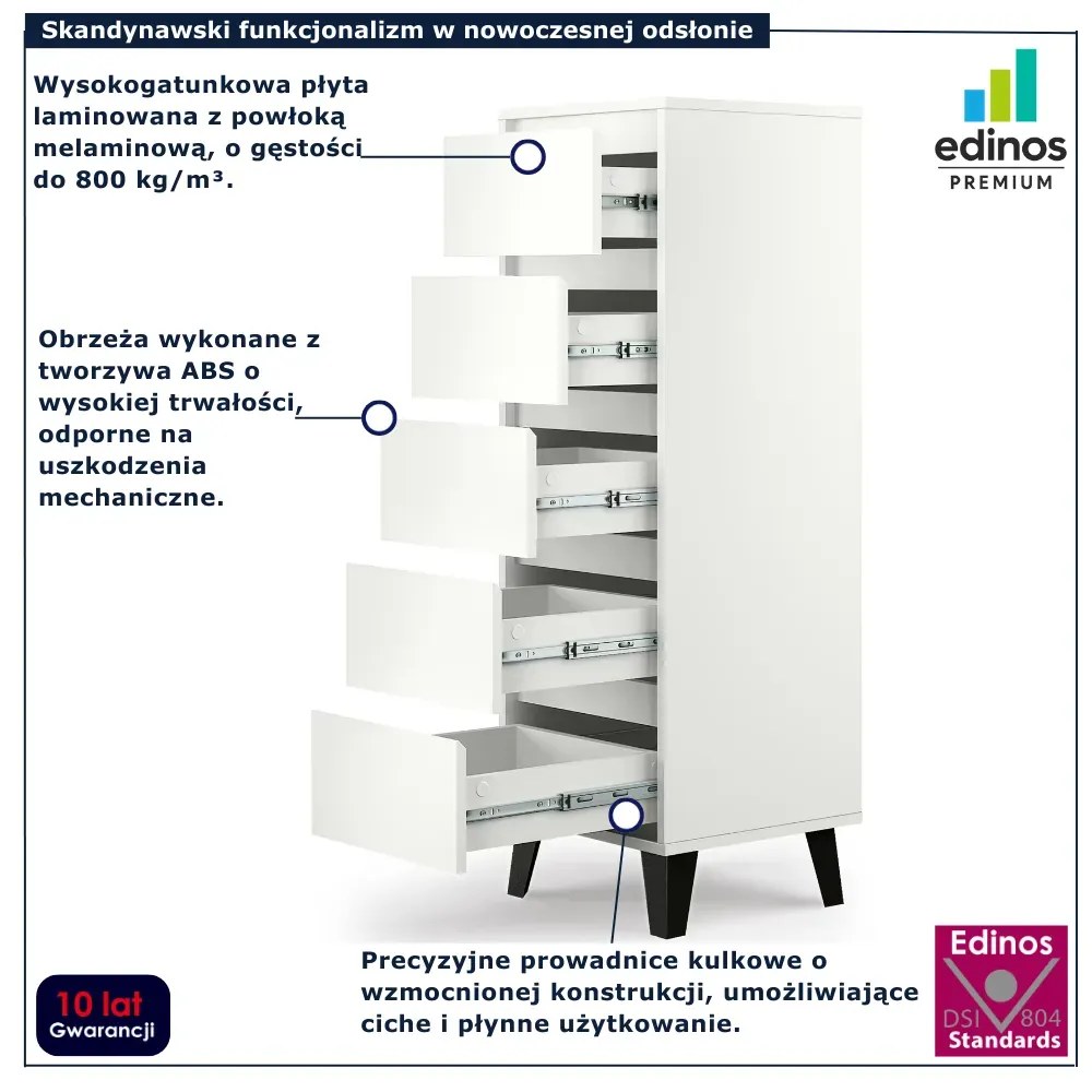 Wysoka biała komoda z 5 szufladami A8-S55