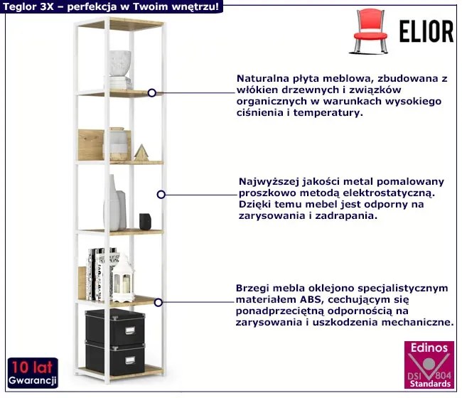 Skandynawski regał z 6 półkami biały + dąb artisan - Shira 3X