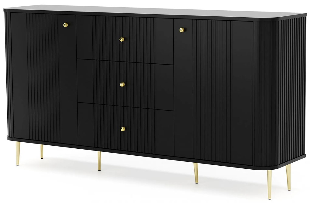Komoda Vesper 160 cm z szufladami na nóżkach - czarny / złote nogi