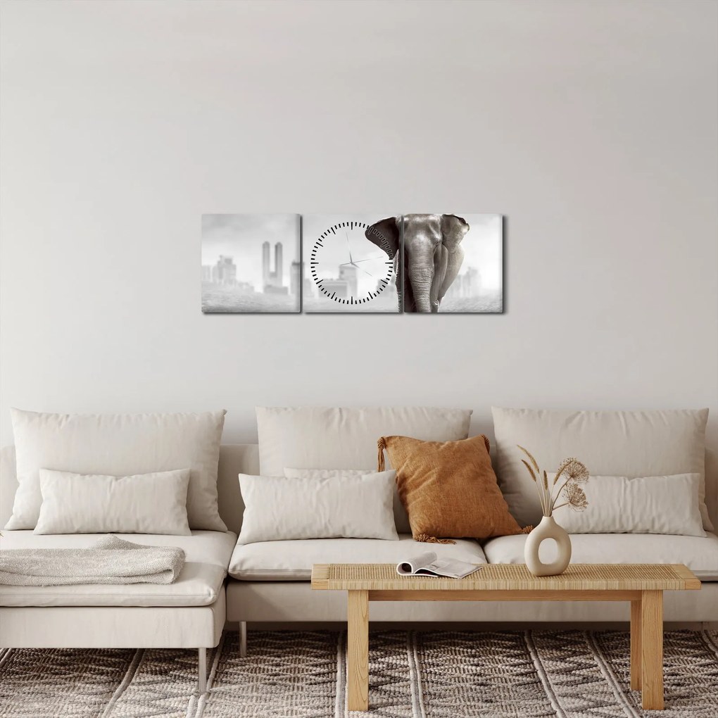 Obraz - Słonie w wielkim mieście, wersja czarno - biała (z zegarem) (90x30 cm)