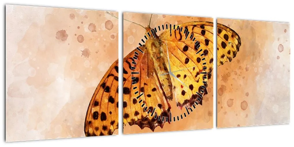 Obraz - Pomarańczowy motyl, akwarela (z zegarem) (90x30 cm)