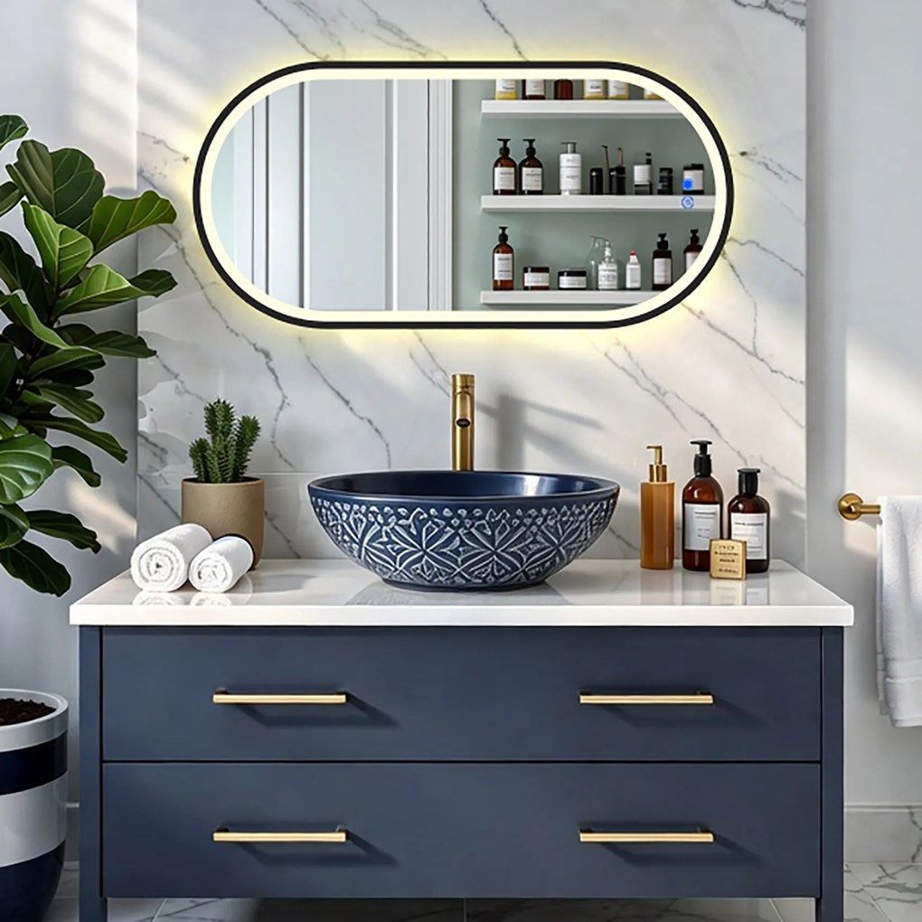 Owalne lustro z podświetleniem LED w czarnej aluminiowej ramie