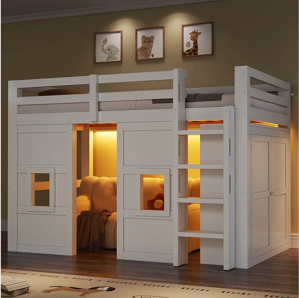 Łóżko piętrowe dla dzieci - 90 x 200 cm - z wbudowaną szafą + 2 okna + LED - MDF + drewno - białe