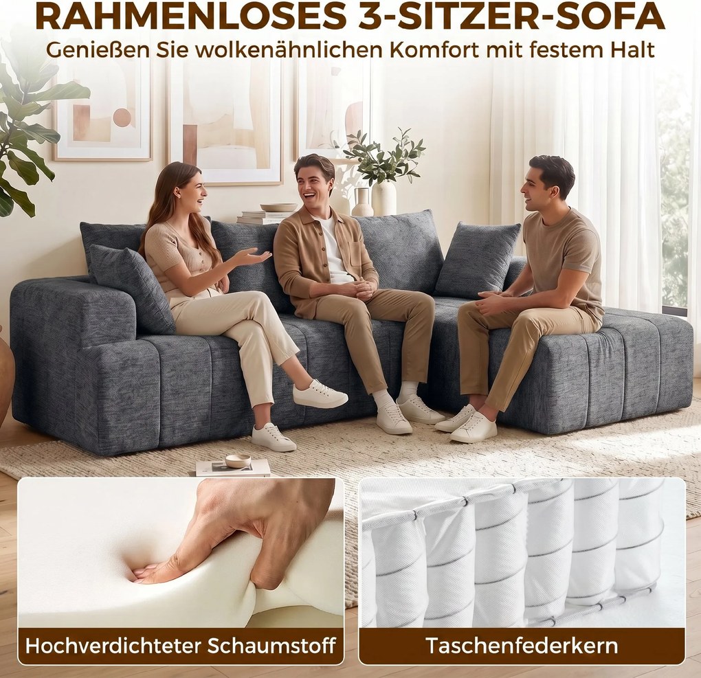 HOMCOM 3-osobowy narożnik w kształcie L z otomaną, przekształcalna sofa Chenille-Cloud z wkładem sprężynowym, szary | Aosom PL