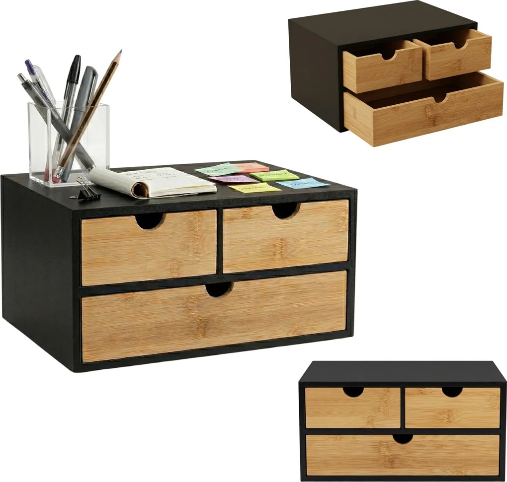 Bambusowy organizer na biurko HEGO, 16 cm, 3 szufladkowy