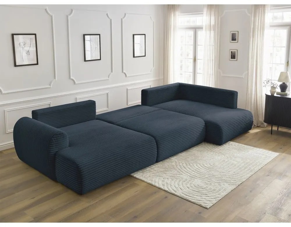 Ciemnoniebieski sztruksowy rozkładany/ze schowkiem narożnik (prawostronny/w kształcie litery U) Lucien – Bobochic Paris