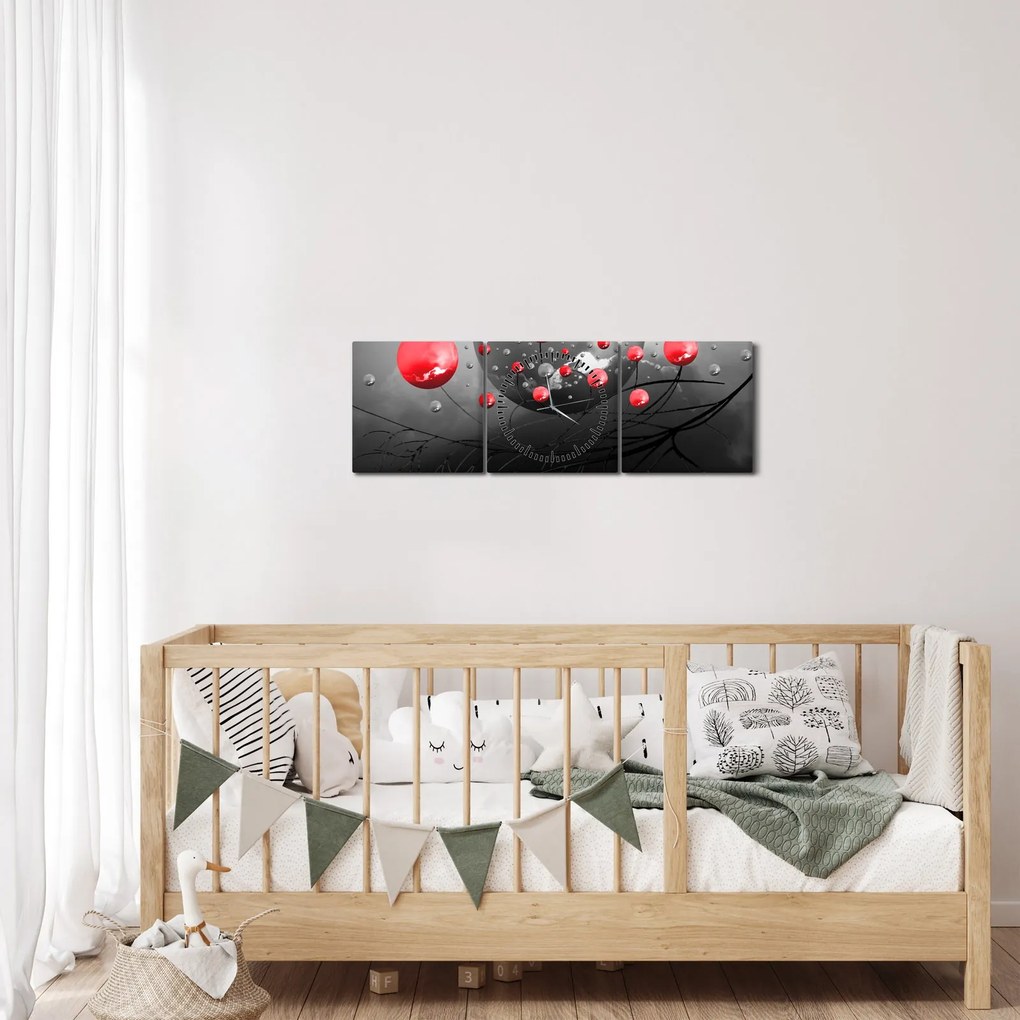 Obraz czerwonych abstrakcyjnych kul (z zegarem) (90x30 cm)