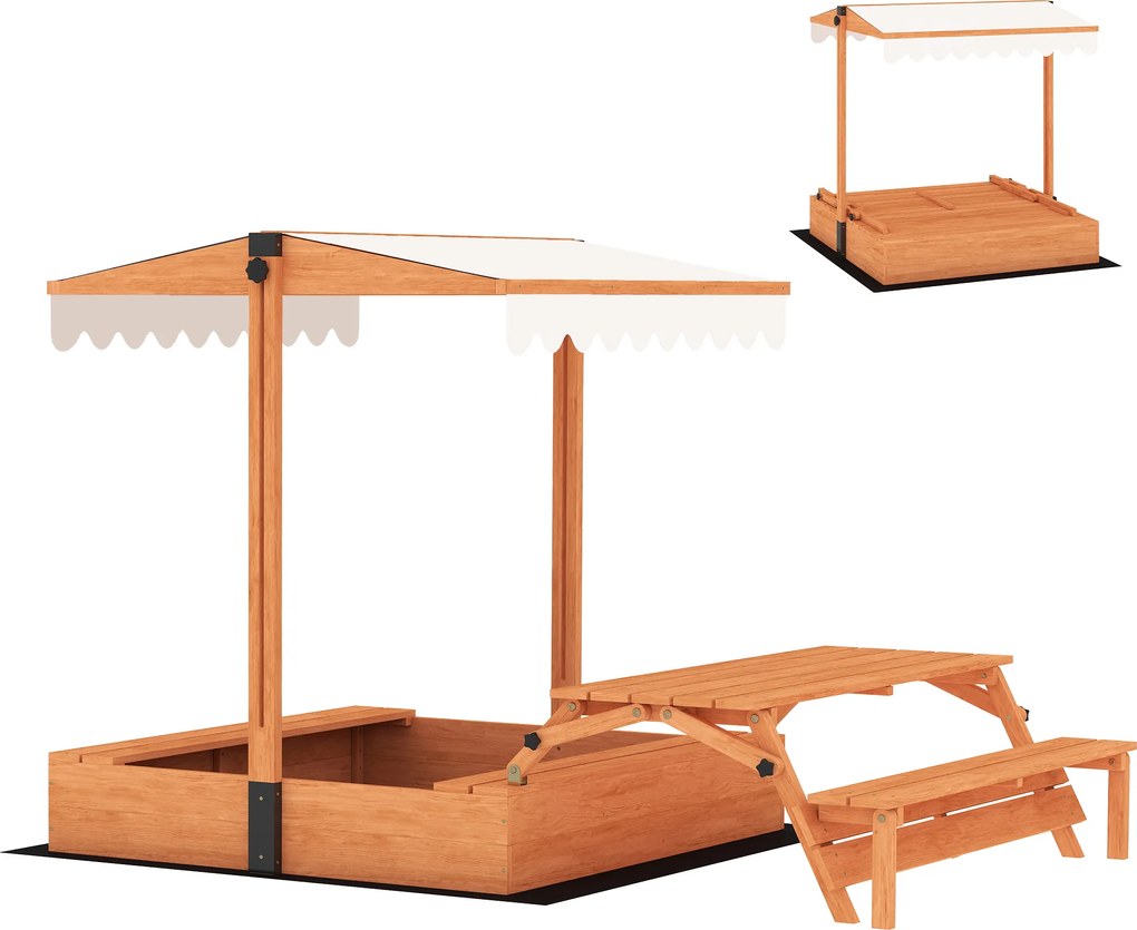 AIYAPLAY Piaskownica z dachem Piaskownica z drewna ze składanym stołem piknikowym i ławkami dla dzieci w wieku 3-8 lat 184 x 110 x 120 cm Brązowa | Aosom PL