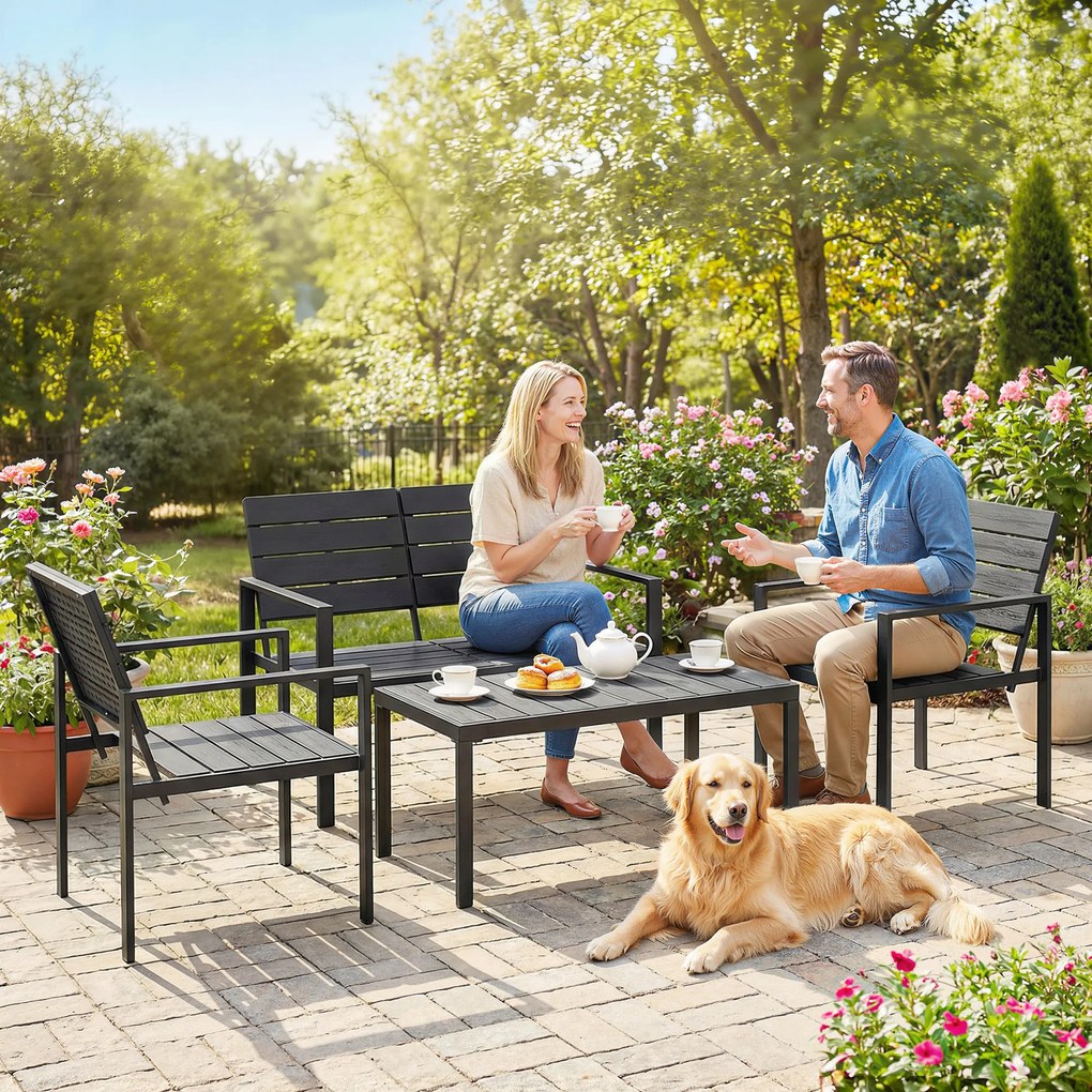 Outsunny Zestaw Mebli Ogrodowych dla 4 Osób Sofa Dwuosobowa 2 Fotele Stolik Kawowy Design z Listwami Czarny | Aosom PL