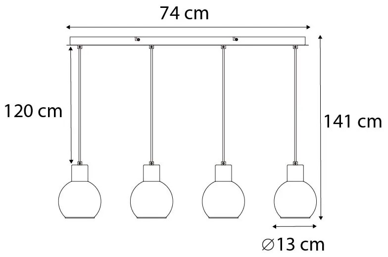 Lampa wisząca Art Deco czarna z wydłużonym szkłem dymnym, 4-punktowa - Vidro ArtDeco Oswietlenie wewnetrzne