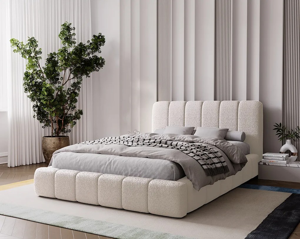 Emporius Milan łóżko tapicerowane 160x200 - pufiaste łóżko do sypialni, łóżko z pojemnikiem i stelażem - tkanina boucle, kremowy (Anthology 1)