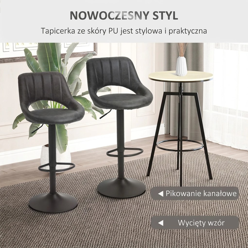 HOMCOM Zestaw 2 hokerów barowych obrotowych skóra ekologiczna regulacja wysokości podnóżek metalowa rama szary | Aosom PL