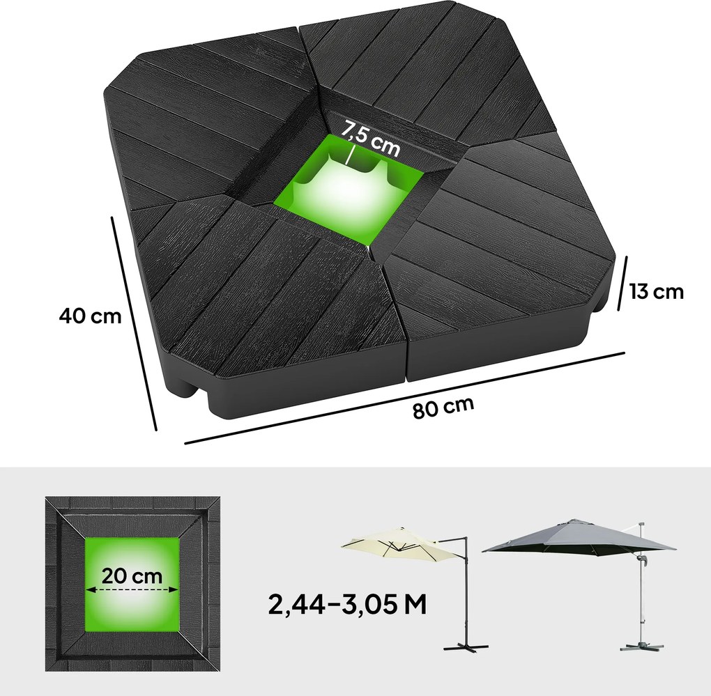 Outsunny Obciążniki do podstaw parasoli, wypełnialne wodą i piaskiem, plastikowe, 80Dł x 80Szer x 13Wys cm, Czarny