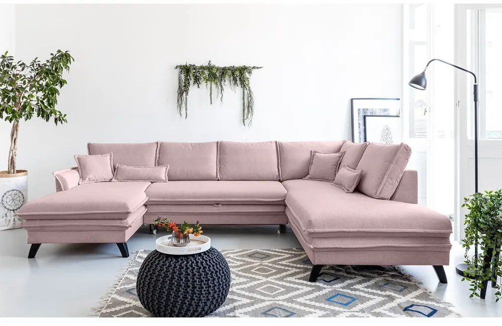 Pudroworóżowa rozkładana sofa w kształcie litery "U" Miuform Charming Charlie, prawostronna