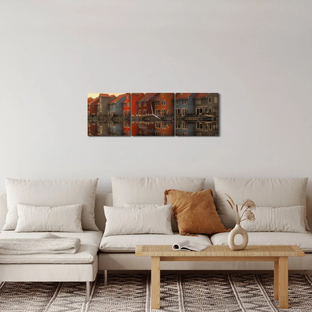 Obraz kolorowych domów (z zegarem) (90x30 cm)