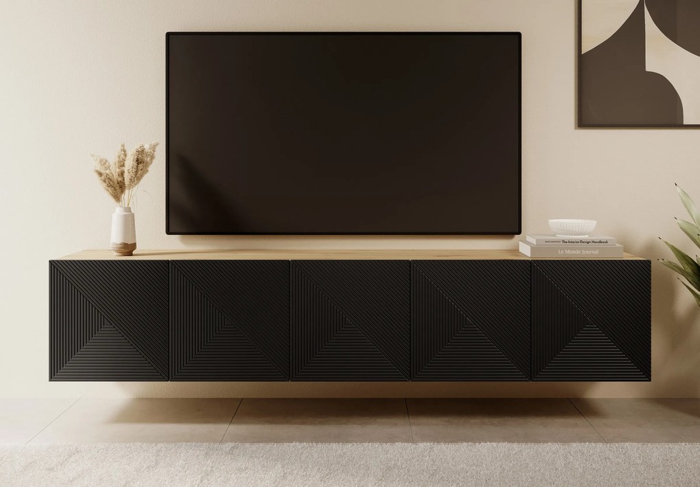 Szafka RTV wisząca Asha 200 cm z ryflowanym frontem - artisan / czarny mat