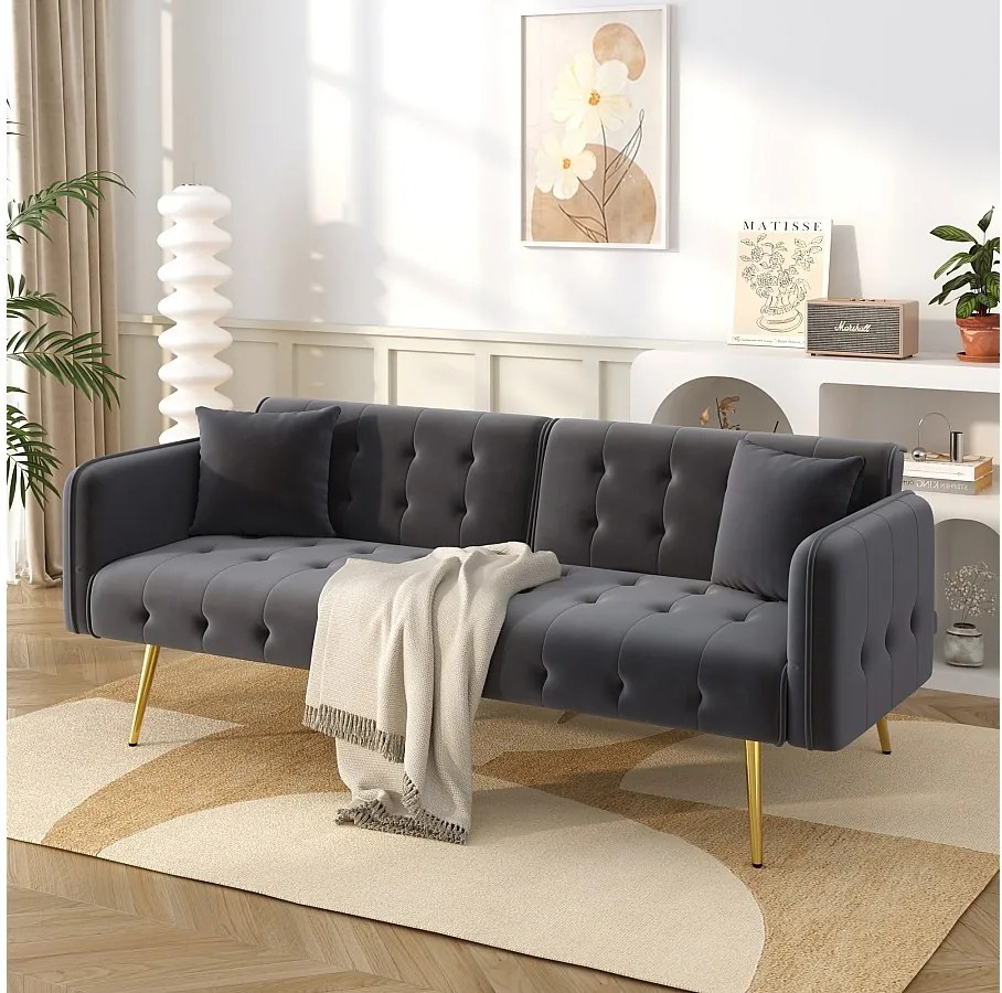 Sofa 2-osobowa rozkładana - 178 x 82 x 70 cm - z regulowanym oparciem i podłokietnikami - welur - szara
