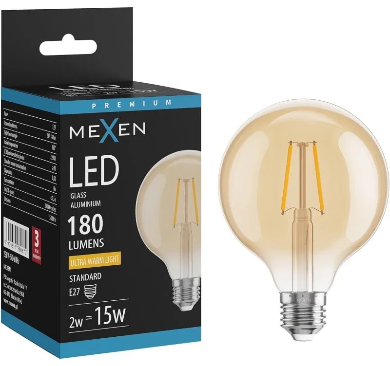 Mexen Vintis żarówka filament LED E27, G95, 2W, Ciepła - 2200K, 180 lm, amber - L157-E27-0222-50