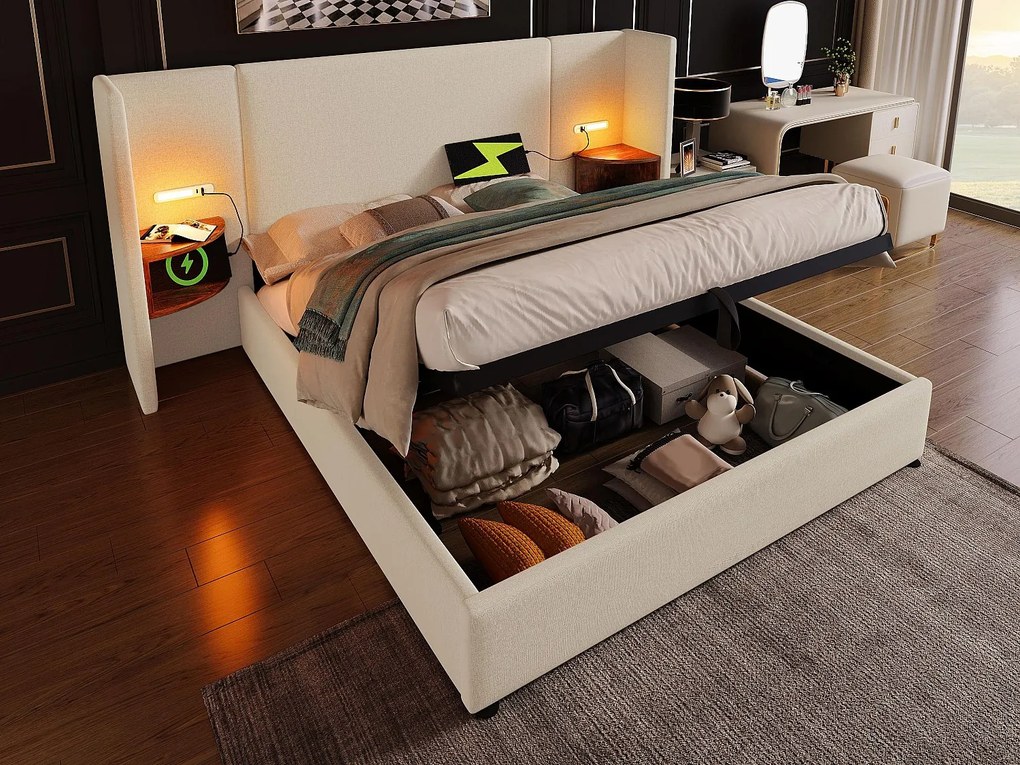 Łóżko 180x200cm z lnu - 2 stoliki nocne z lampką do czytania i funkcją ładowania - z stelażem na listwy - Beżowy