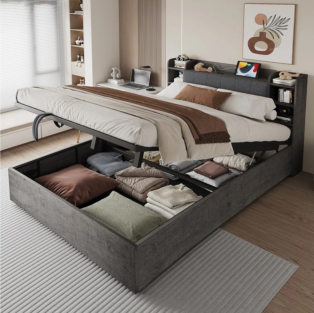 Łóżko podwójne ze schowkiem - 180 x 200 cm - z hydraulicznym schowkiem + zagłówek + USB - MDF - szare