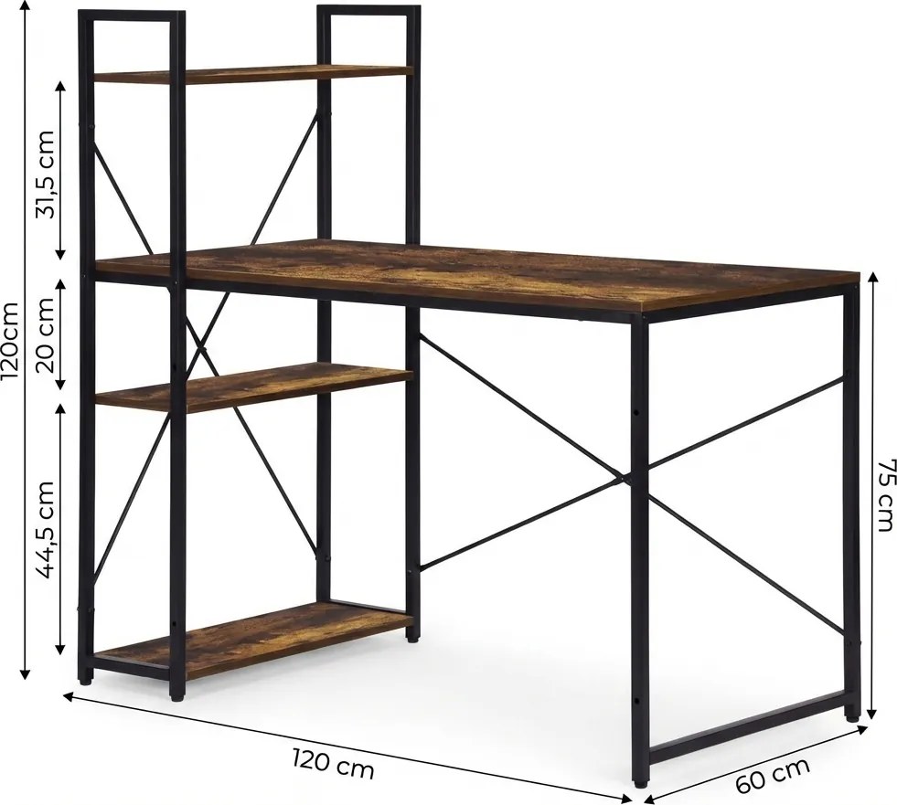 Biurko z regałem LOFTY 120x60 cm, czarne / rustykalnie brązowe