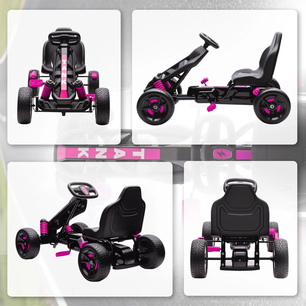 AIYAPLAY Gokart na pedały, pojazd na pedały dla dzieci z hamulcem, antypoślizgowe koła, metalowa rama, 3-6 lat, Różowy | Aosom PL