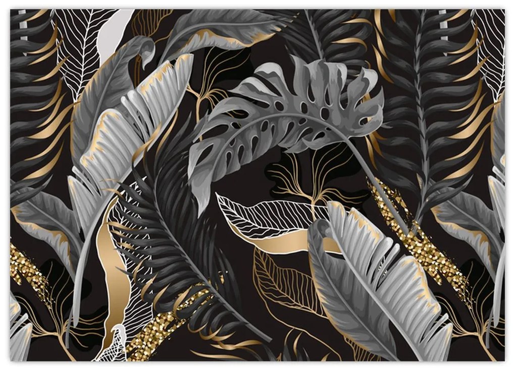 Obraz - Tropikalne liście w kolorze czarno - złotym (70x50 cm)