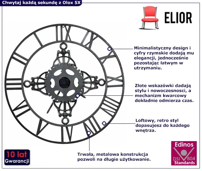 Srebrny retro zegar ścienny 78 cm - Olox 5X