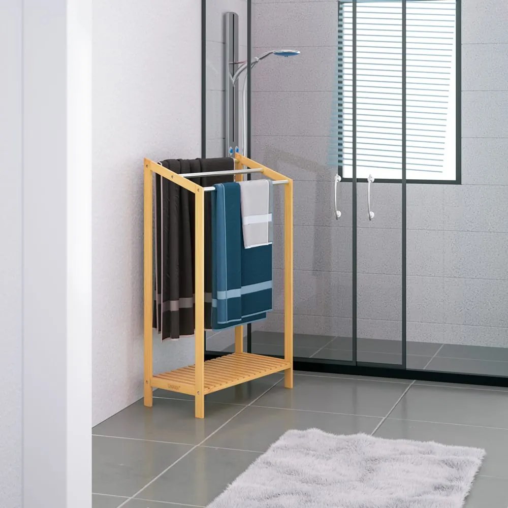 Bambusowy stojak na ręczniki RUBBY z metalowymi drążkami i półką, 51x31x85 cm, brązowo-srebrny Casaria