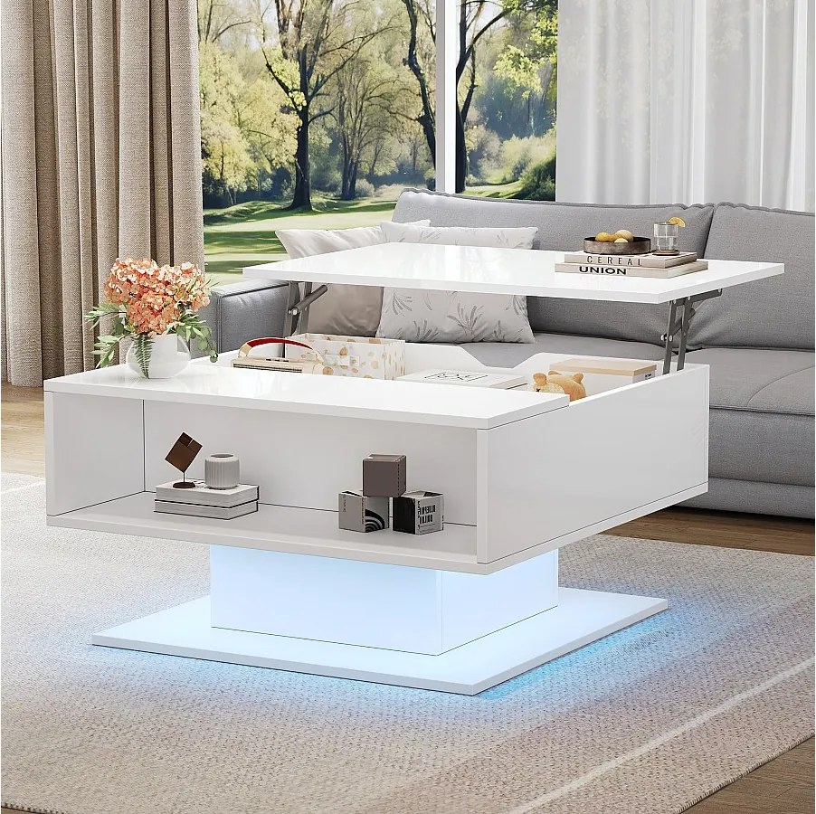 Stolik kawowy z podnoszonym blatem - 80 x 75 x 40 cm - podnośnik hydrauliczny - ze schowkiem + diody LED - płyta wiórowa - biały
