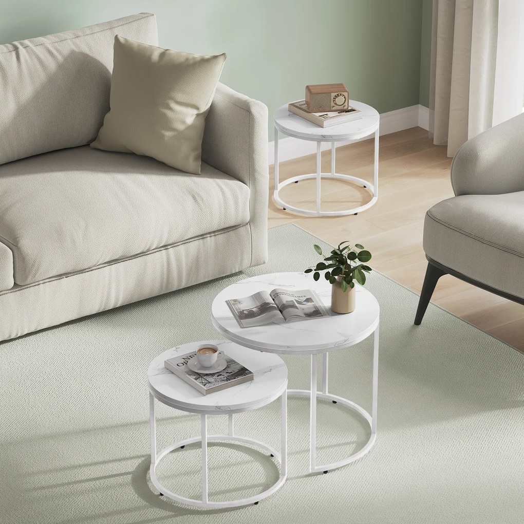 Stolik kawowy okrągły 2szt - marmur / nogi białe