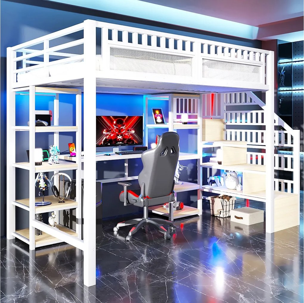 Łóżko piętrowe dla dzieci - 140 x 200 cm - rama żeliwna - z biurkiem + diody LED + port USB + półka + drabinka - metalowe - białe
