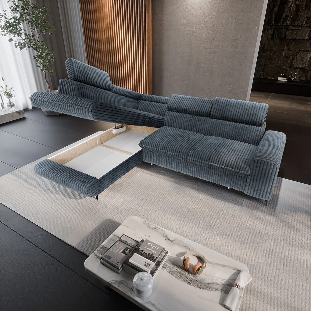 Masseno Narożnik VELISS z funkcją spania i pojemnikiem na pościel Rozkładana sofa do Salonu - Szary, TILIA 85