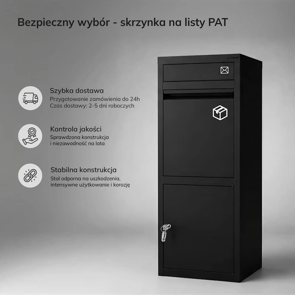 Skrzynka na paczki kurierskie i listy metalowa, zewnętrzna, zamykana, czarna Paczkobox PAT