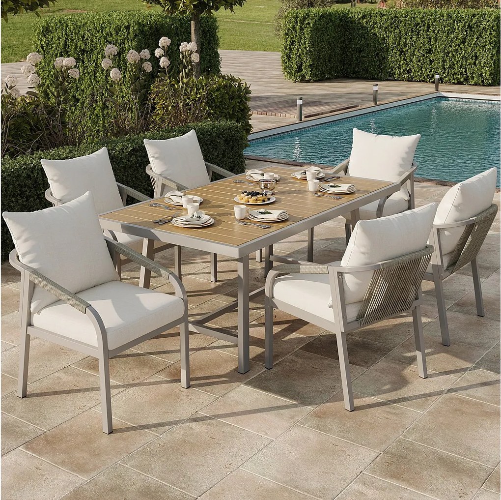 Zestaw ogrodowy 6-osobowy - stół + 6 krzeseł - rama z ocynkowanej stali rurowej - khaki + beż