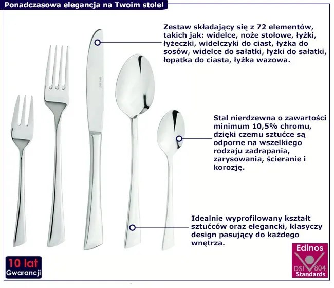 Zestaw sztućców stołowych ze stali nierdzewnej 72 sztuk - Gifdos 10X